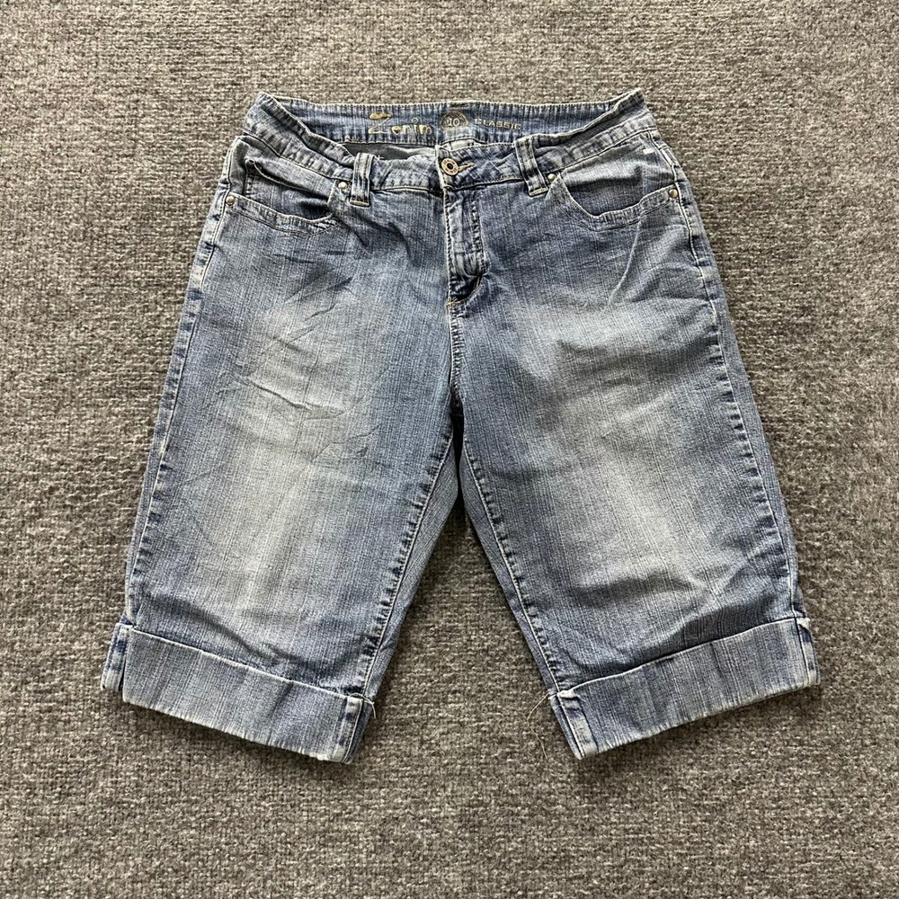 Zenim Denim Shorts Womens Size 10 Blue Cuffed Bermuda Stretch Embroidered Pocket